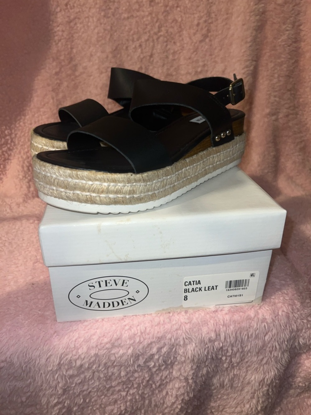 Steve Madden Catia Black Leather Espadrille Platform Sandal